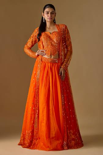 Orange Embroidered Organza Satin Tulle Indo Western Lehenga Set