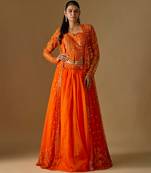 Orange Embroidered Organza Satin Tulle Indo Western Lehenga Set
