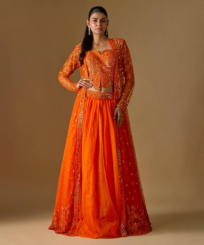 Orange Embroidered Organza Satin Tulle Indo Western Lehenga Set