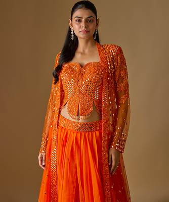 Orange Embroidered Organza Satin Tulle Indo Western Lehenga Set 2