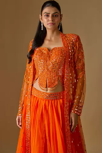 Orange Embroidered Organza Satin Tulle Indo Western Lehenga Set