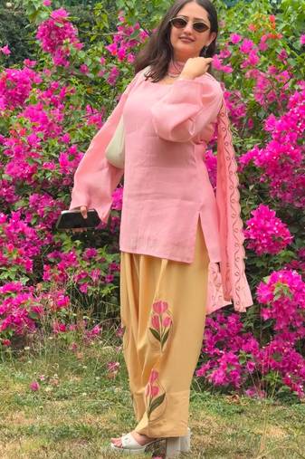 Pink cotton poly embroidered farshi salwar set