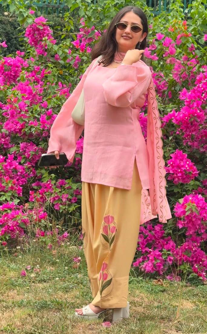 Pink cotton poly embroidered farshi salwar set