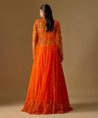 Orange Embroidered Organza Satin Tulle Indo Western Lehenga Set 3