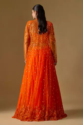 Orange Embroidered Organza Satin Tulle Indo Western Lehenga Set