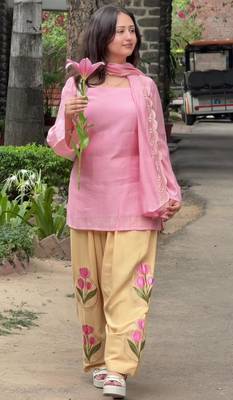 Pink cotton poly embroidered farshi salwar set 2