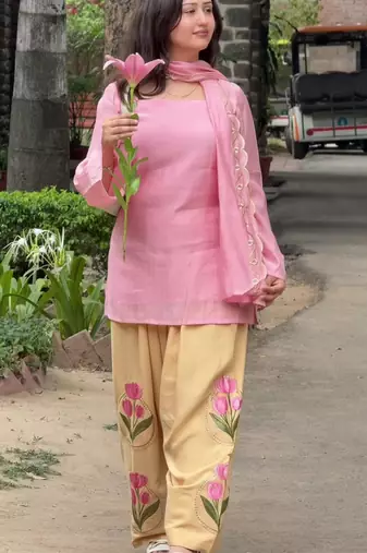 Pink cotton poly embroidered farshi salwar set