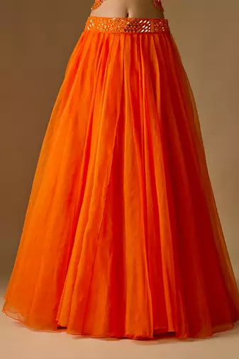 Orange Embroidered Organza Satin Tulle Indo Western Lehenga Set