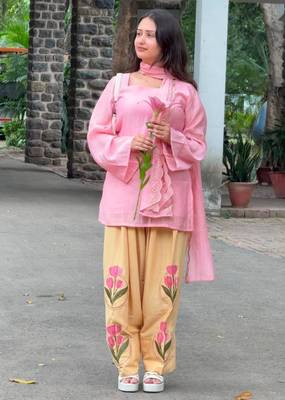 Pink cotton poly embroidered farshi salwar set 3