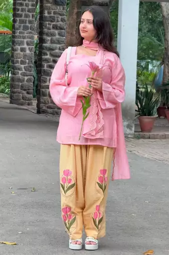 Pink cotton poly embroidered farshi salwar set