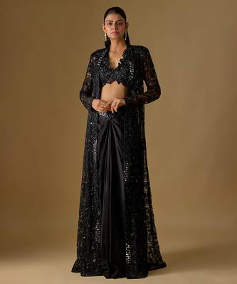 Black embroidered satin tulle jacket set 1