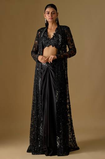 Black embroidered satin tulle jacket set