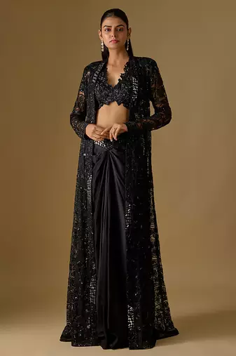 Black embroidered satin tulle jacket set