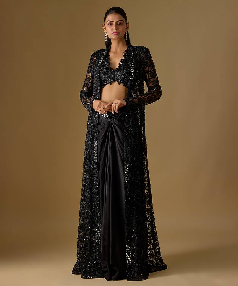 Black embroidered satin tulle jacket set