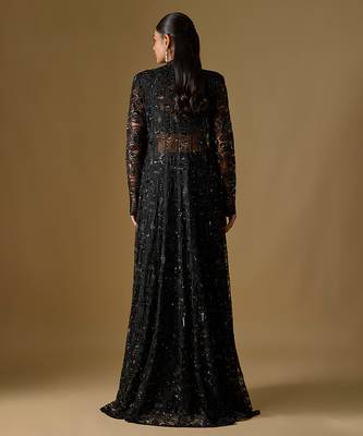 Black embroidered satin tulle jacket set 2