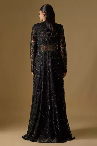 Black embroidered satin tulle jacket set