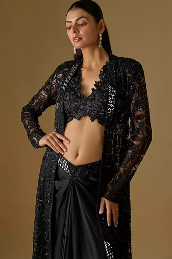 Black embroidered satin tulle jacket set