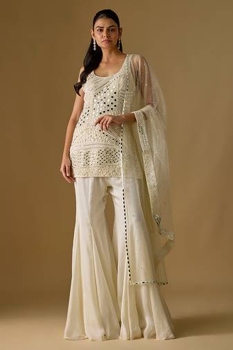 Ivory embroidered satin tulle sharara set