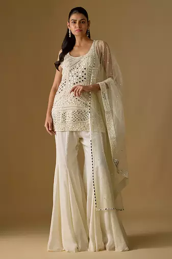 Ivory embroidered satin tulle sharara set