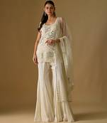 Ivory embroidered satin tulle sharara set
