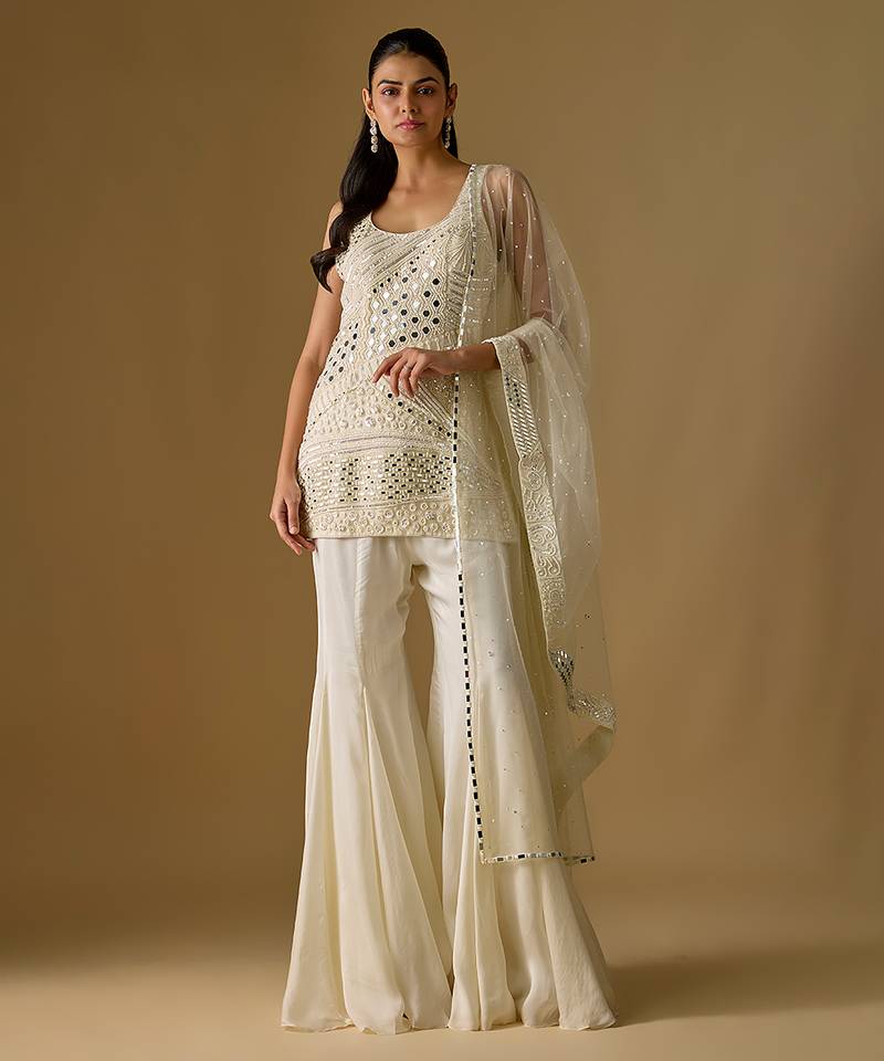 Ivory embroidered satin tulle sharara set