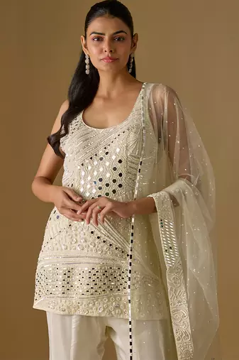 Ivory embroidered satin tulle sharara set