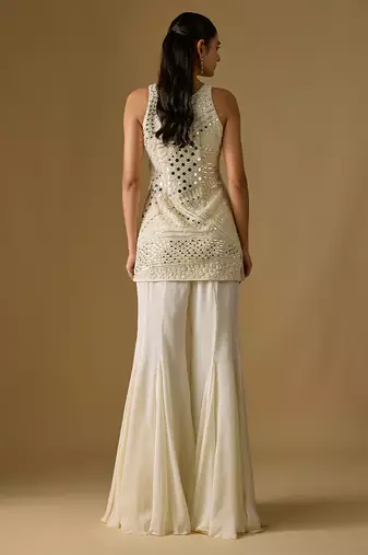 Ivory embroidered satin tulle sharara set