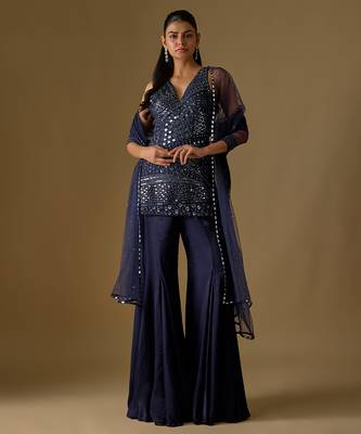 Navy blue embroidered satin tulle sharara set 1