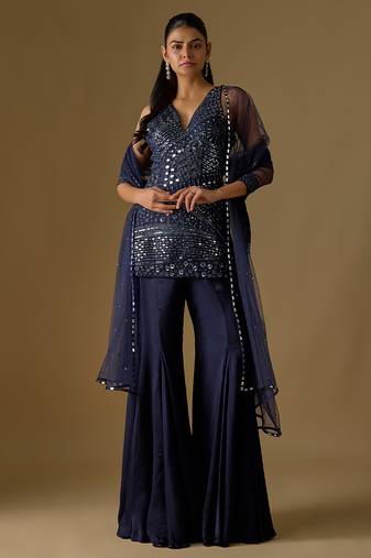 Navy blue embroidered satin tulle sharara set