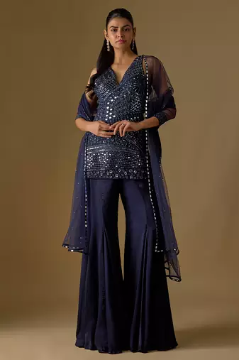 Navy blue embroidered satin tulle sharara set