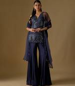 Navy blue embroidered satin tulle sharara set