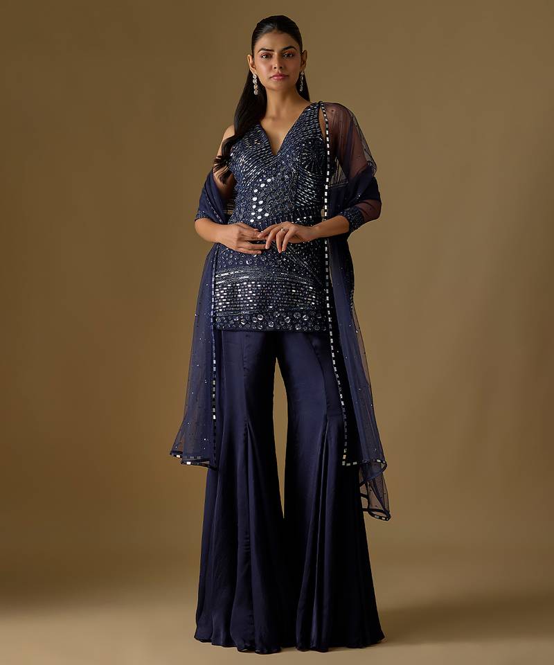 Navy blue embroidered satin tulle sharara set