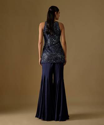 Navy blue embroidered satin tulle sharara set 3