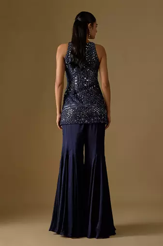 Navy blue embroidered satin tulle sharara set