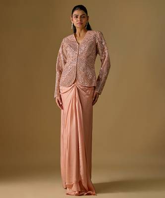 Rose gold embroidered satin tulle drape skirt set 1