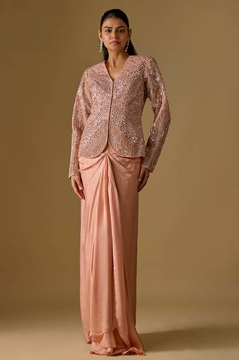 Rose gold embroidered satin tulle drape skirt set