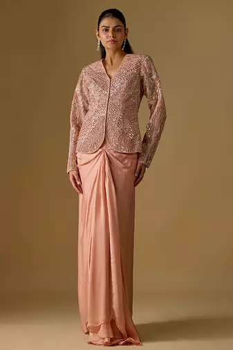 Rose gold embroidered satin tulle drape skirt set