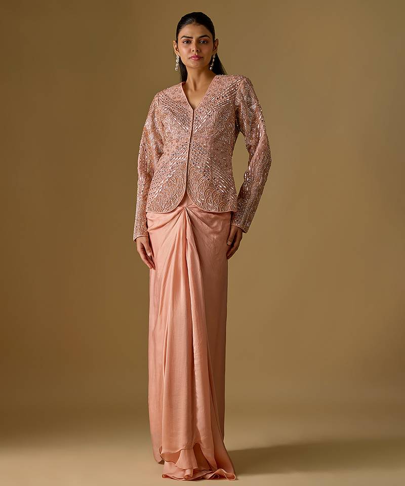 Rose gold embroidered satin tulle drape skirt set