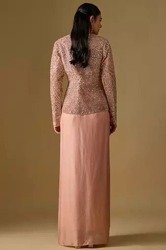 Rose gold embroidered satin tulle drape skirt set
