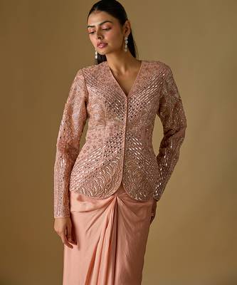 Rose gold embroidered satin tulle drape skirt set 3