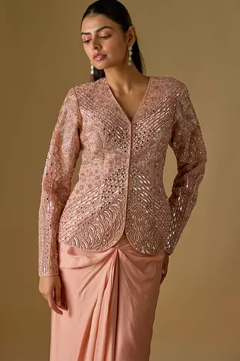 Rose gold embroidered satin tulle drape skirt set