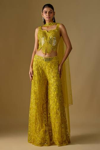 Yellow embroidered satin tulle sharara set