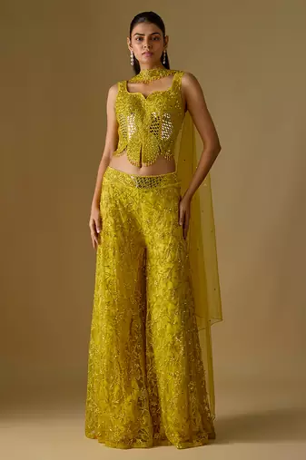 Yellow embroidered satin tulle sharara set