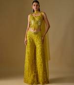Yellow embroidered satin tulle sharara set