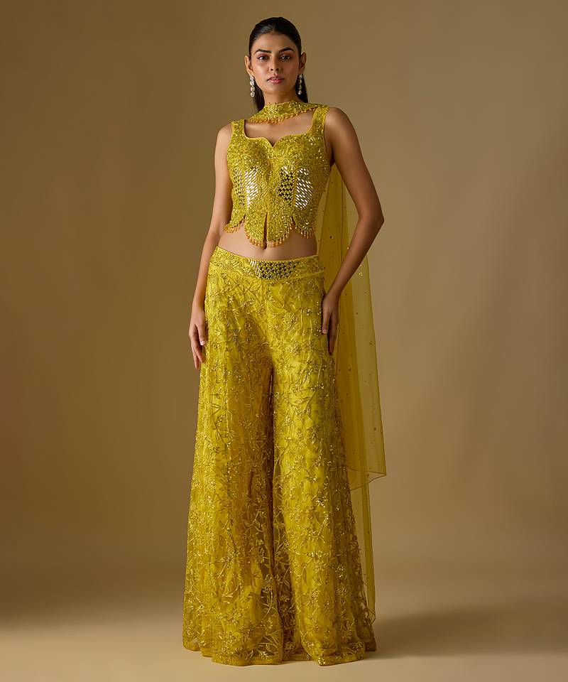 Yellow embroidered satin tulle sharara set