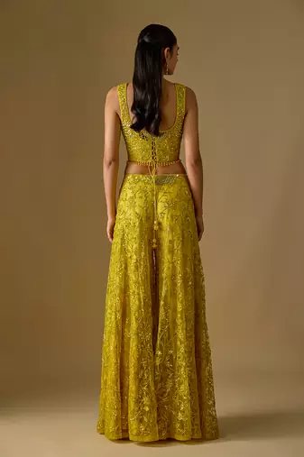 Yellow embroidered satin tulle sharara set