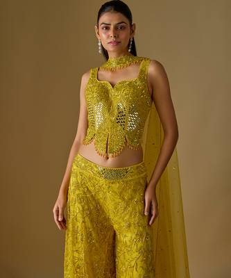 Yellow embroidered satin tulle sharara set 3