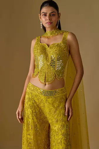 Yellow embroidered satin tulle sharara set