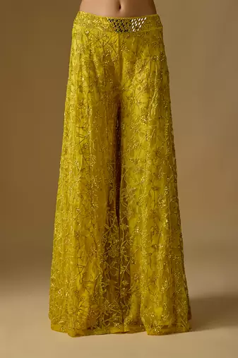 Yellow embroidered satin tulle sharara set
