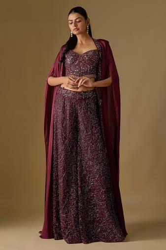 Wine embroidered satin tulle sharara cape set